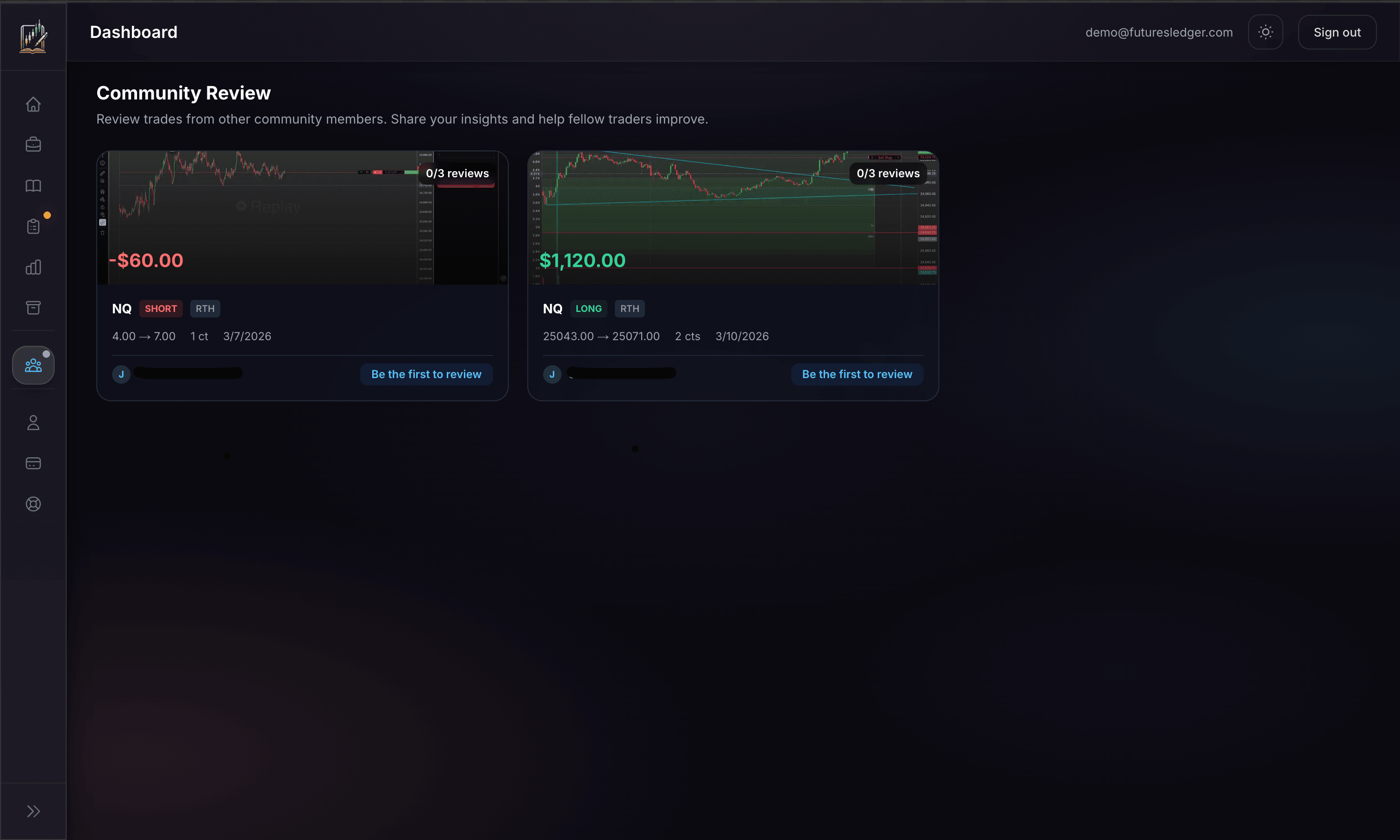Community review feed showing trades from other members with review counts