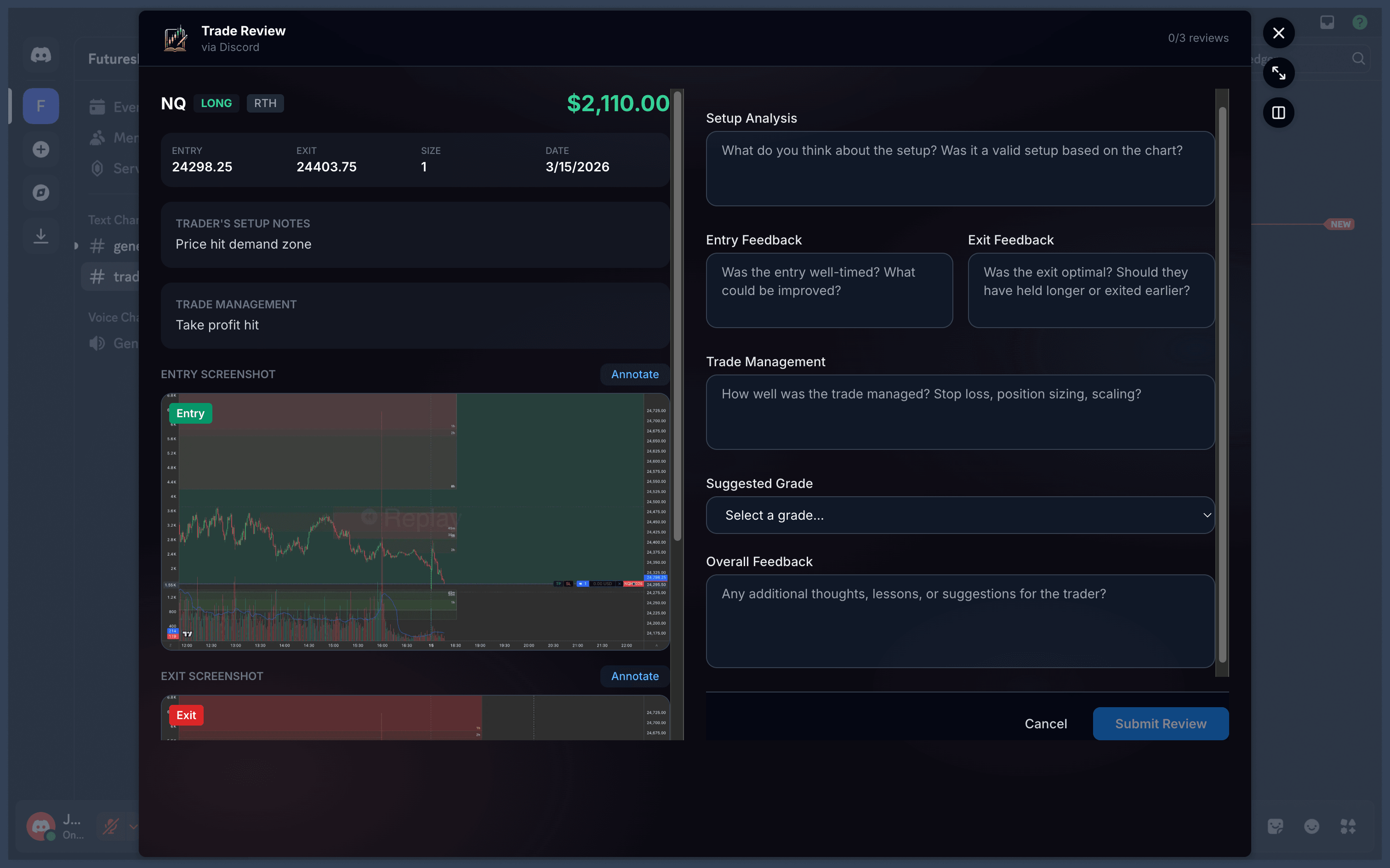Discord trade review form with setup analysis, feedback fields, and suggested grade