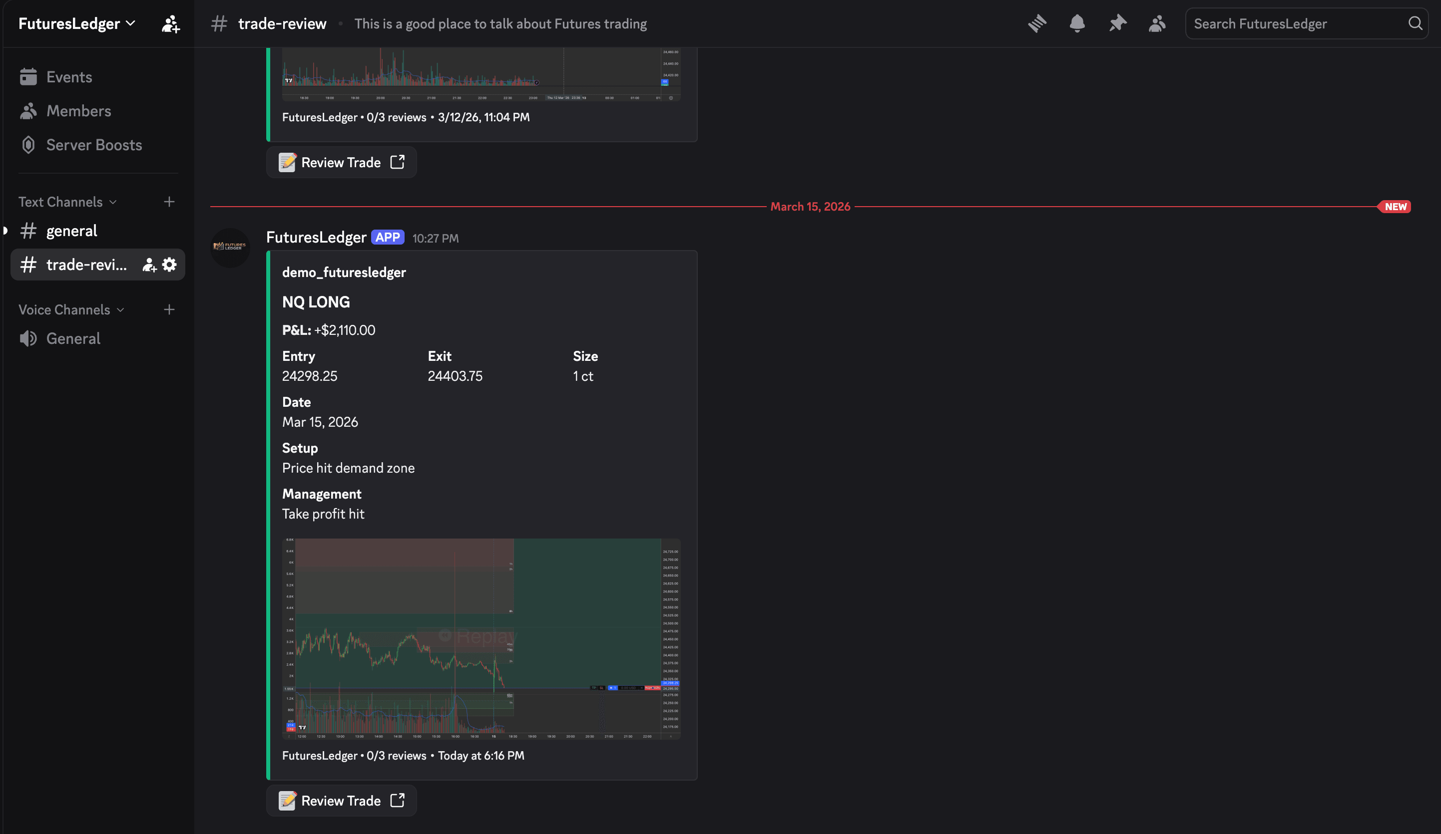 FuturesLedger Discord bot posting trade details with screenshots to the trade-review channel