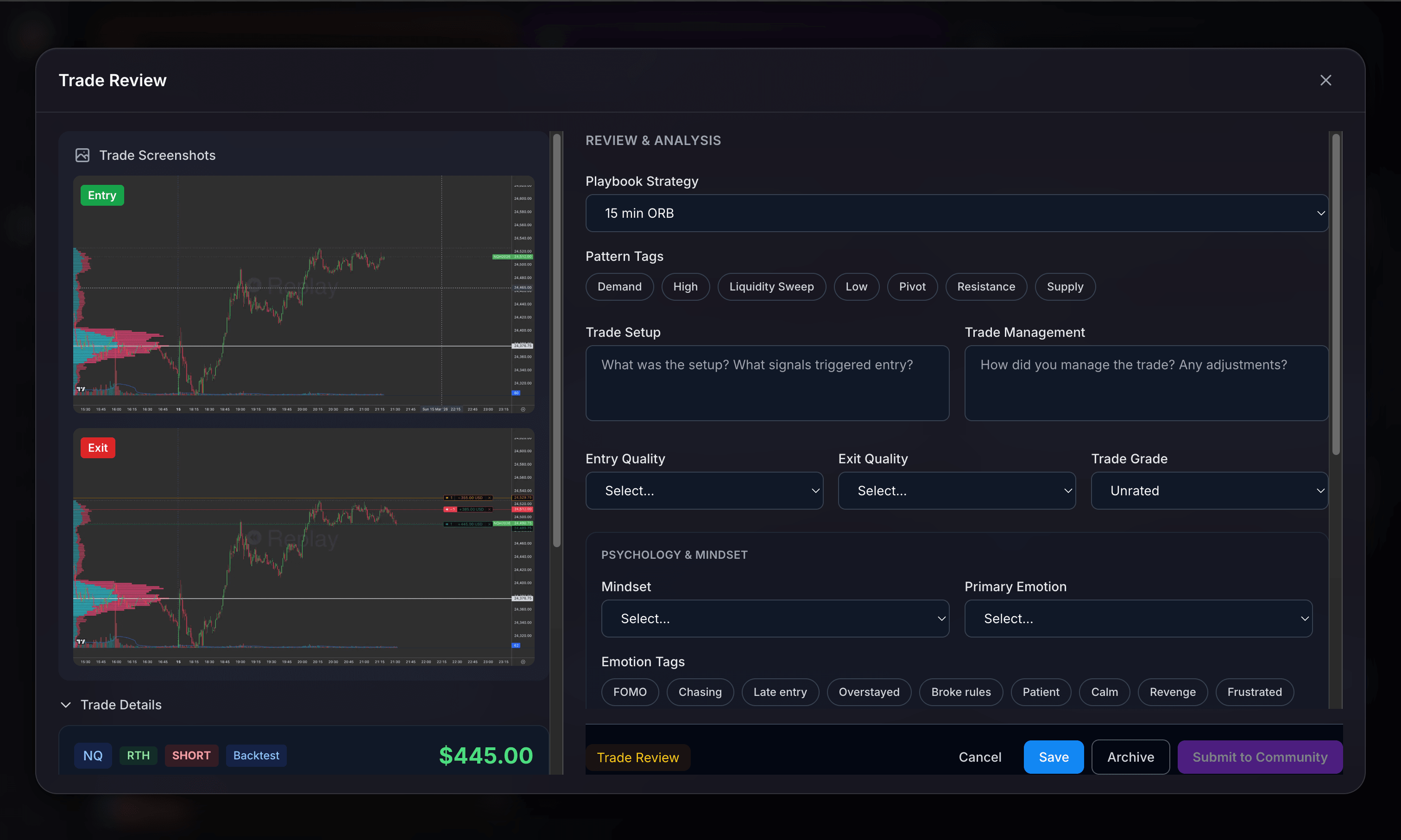 Detailed trade review form with screenshots, strategy linking, pattern tags, and psychology tracking