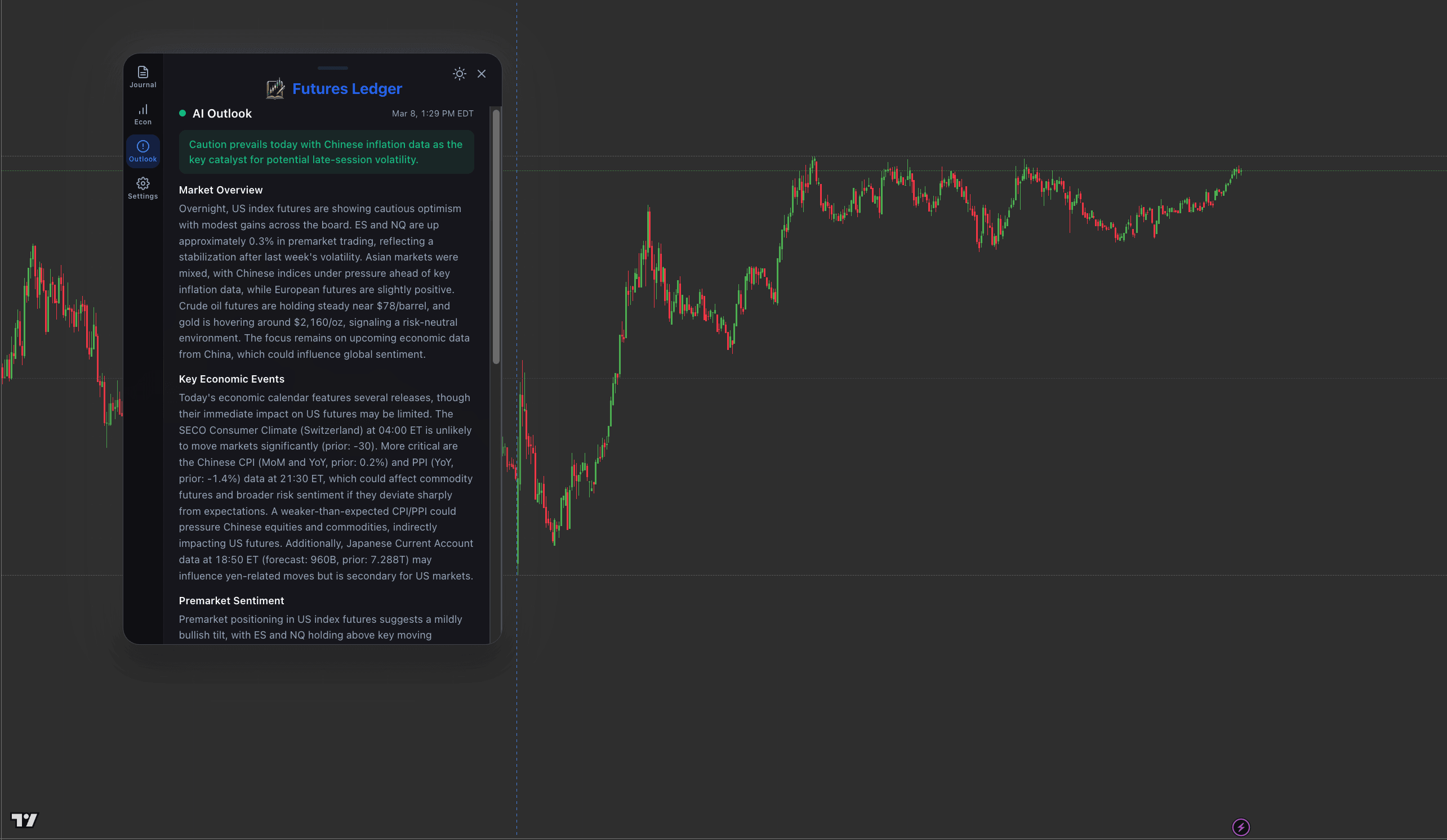 AI-generated market outlook with market overview, key events, and premarket sentiment