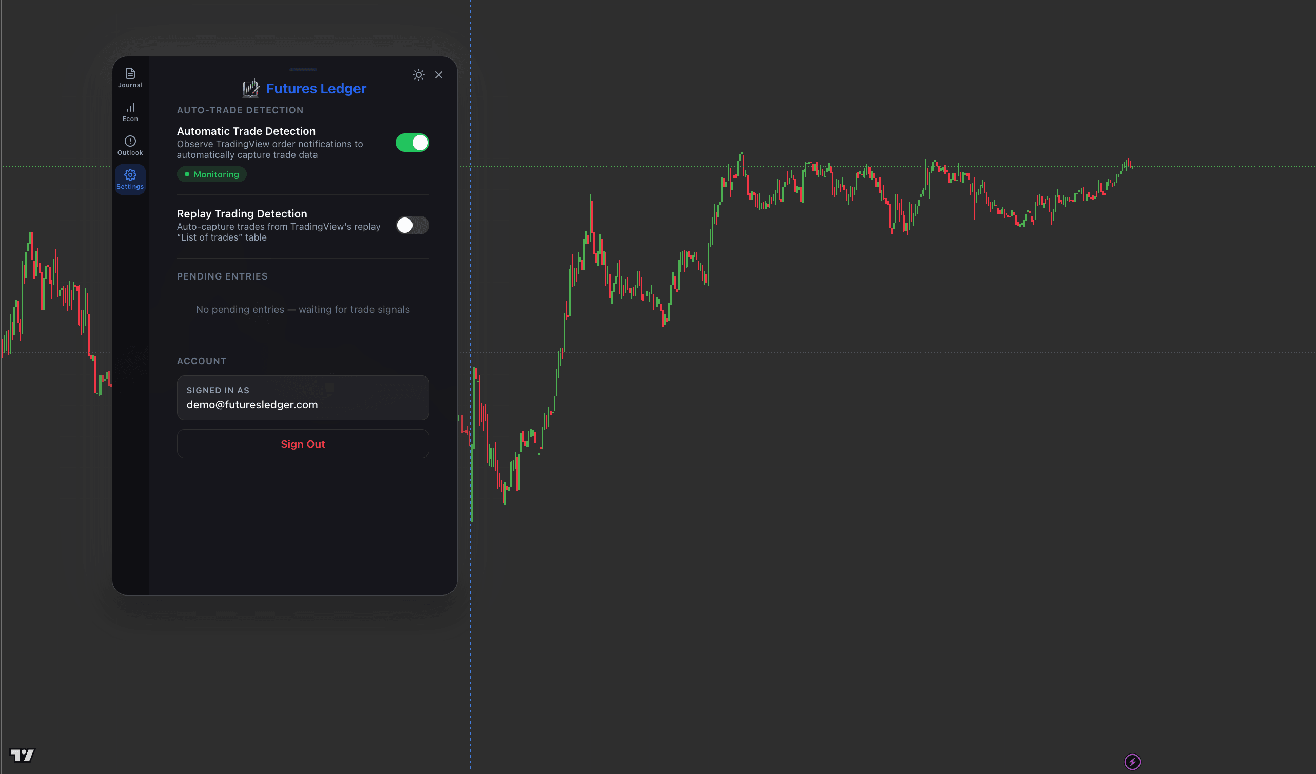 Extension settings — auto-trade detection, replay detection, account management