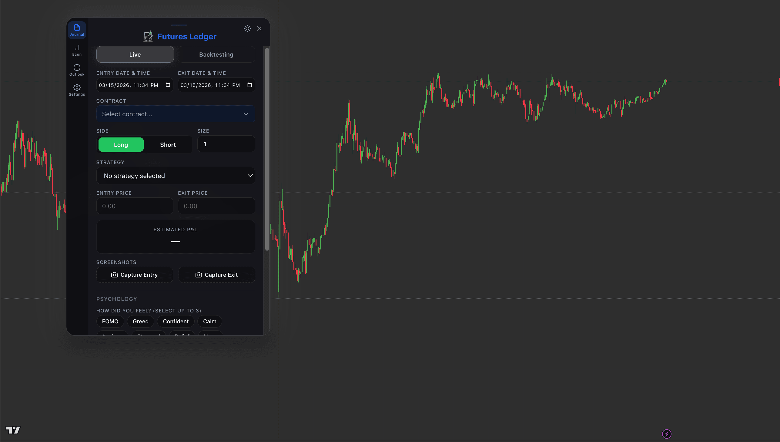 FuturesLedger Mini extension — trade journal panel overlaid on TradingView